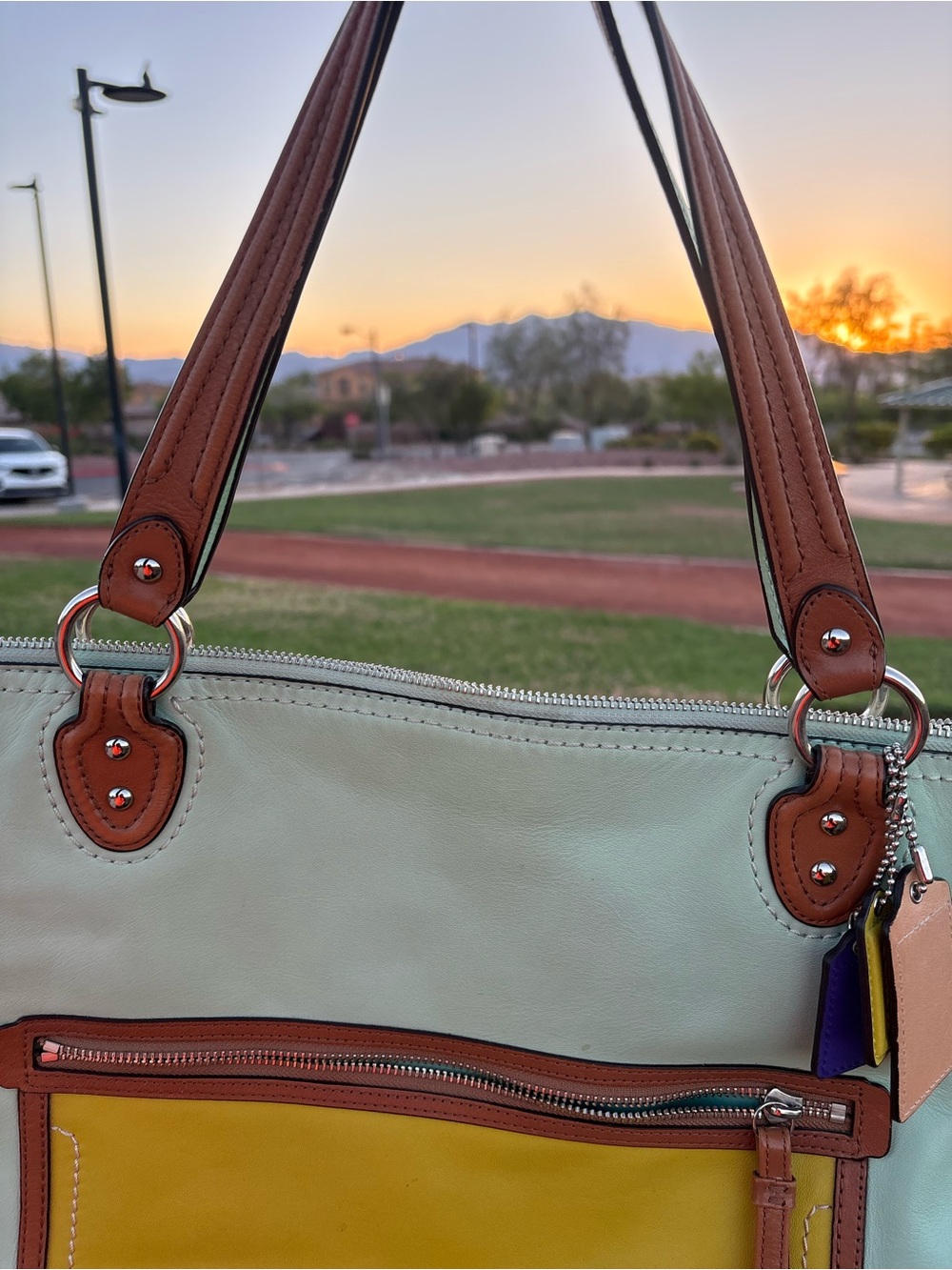 Coach Mint Green and Yellow Leather Shoulder Bag with Brown Trim - Picture 7 of 9